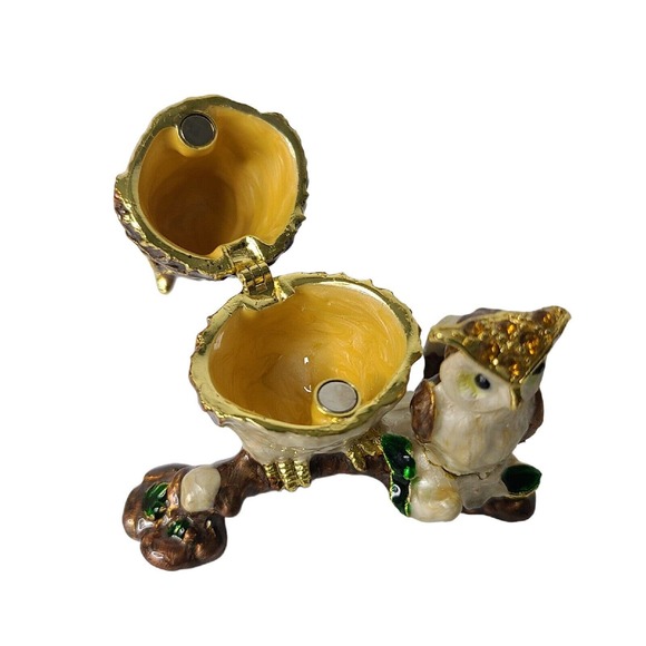 Pier 1 Owl with Baby Figurine Cloisonné Rhinestone Trinket Box Jewelry Holder - Picture 3 of 14